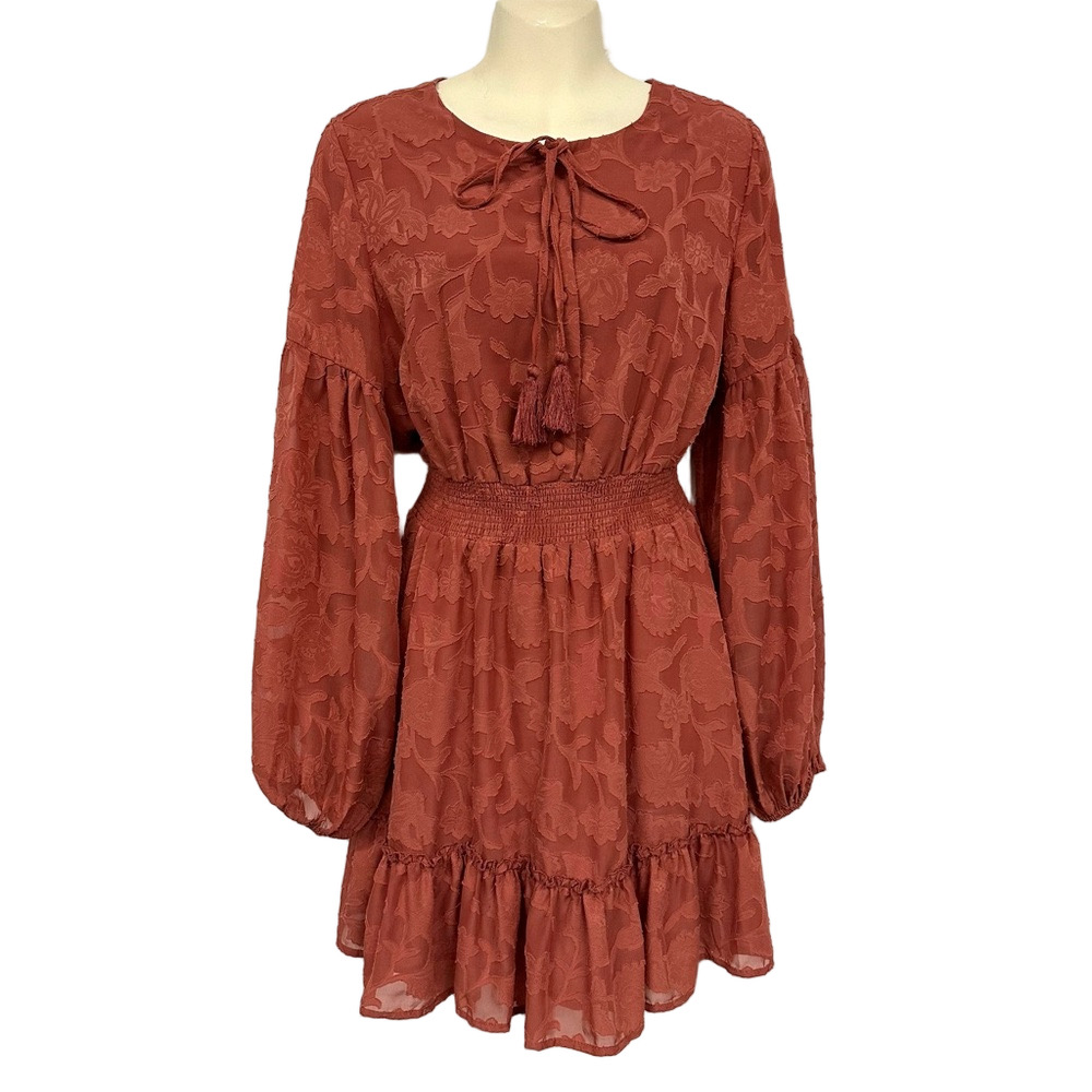 Lulus jacquard long sleeve dress Large Mini Ruffles tassel round neck Romantic